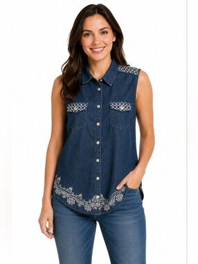 Marie Claire Denim Dark Wash Jean Blouse  Embroidery Fabric Treatment Designs M